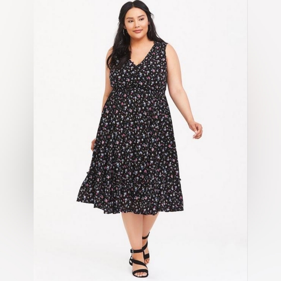 Torrid Black Floral Tiered Gauze Midi Dress - Picture 1 of 10